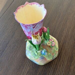 Vintage hand modeled, best bone Denton, China England small colorful tulip vase